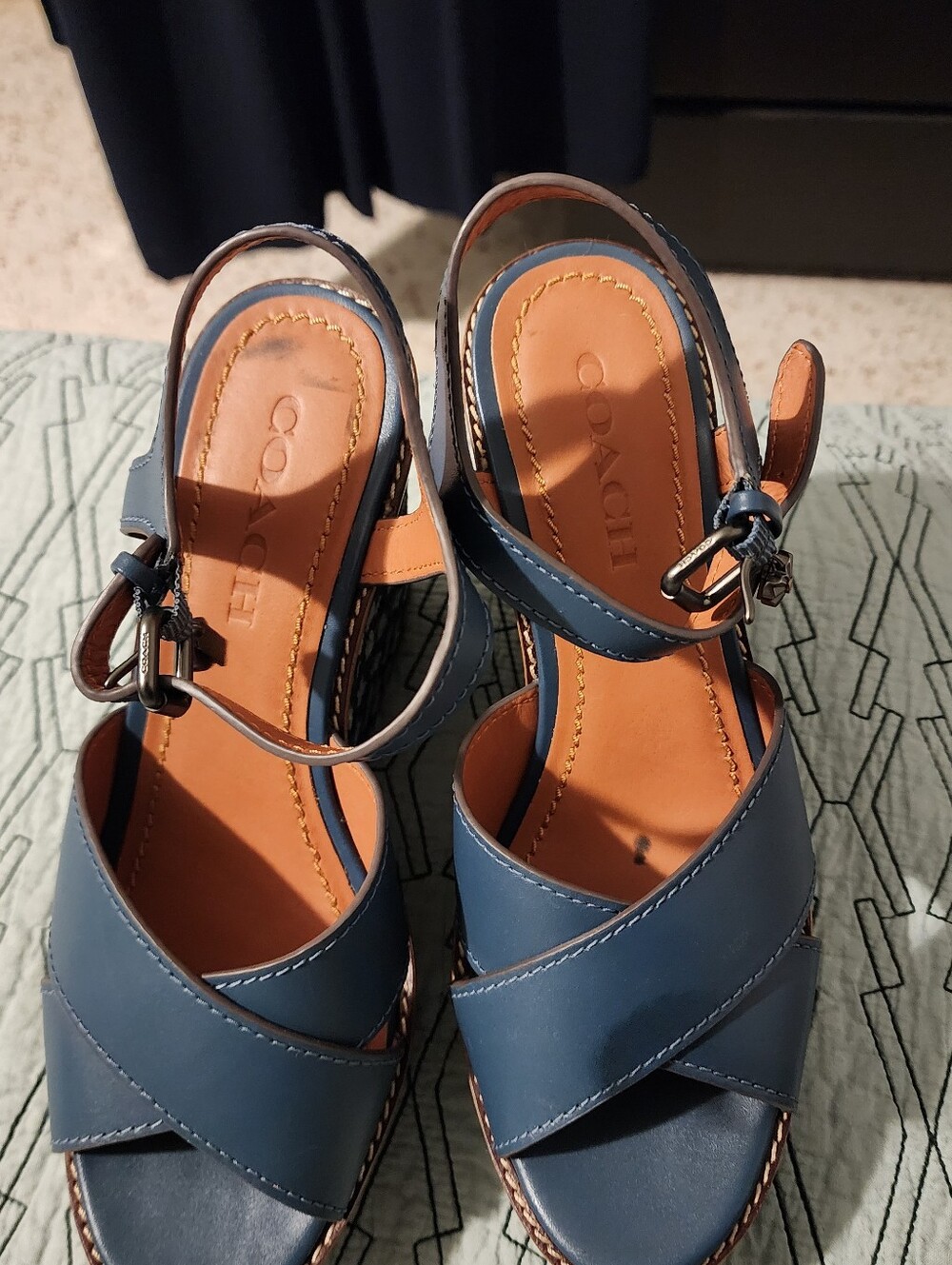 Coach Navy Leather Crisscross Ankle Strap Wedge Sandals
